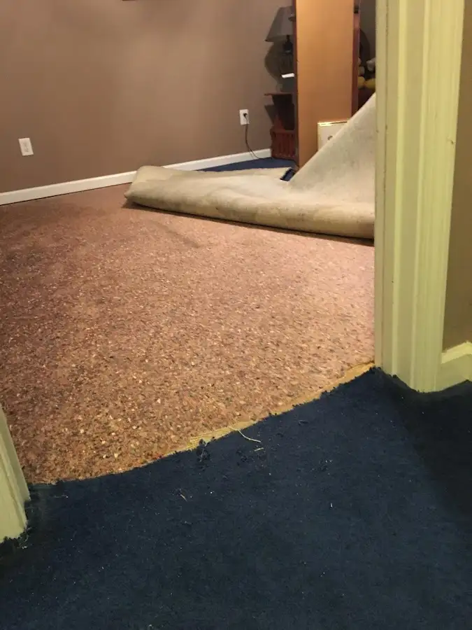Carpet pad removal revealing water damage during Water Mitigation Services in Concord